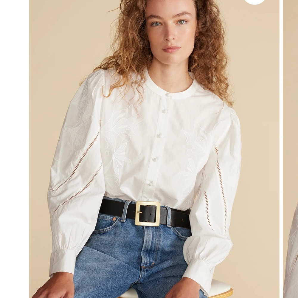 Amour Vert Angelique white embroidered button down collarless poplin blouse XL - Picture 1 of 13